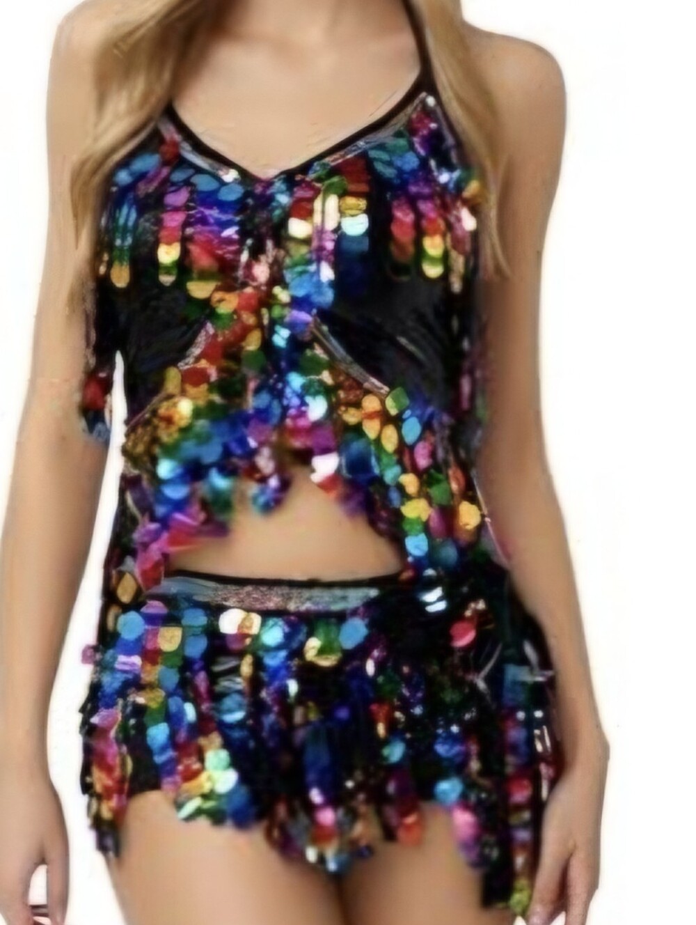 Sequin Two-Piece Dance Set in Multicolor on Black Festival Carnival Halloween